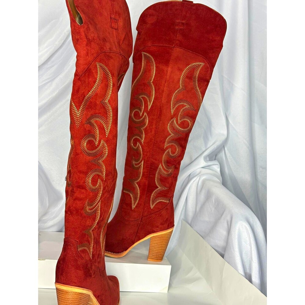 ISNOM Women’s Over The Knee CowboyBoots Size 6 Rust Brown Western EmbroideredNIB